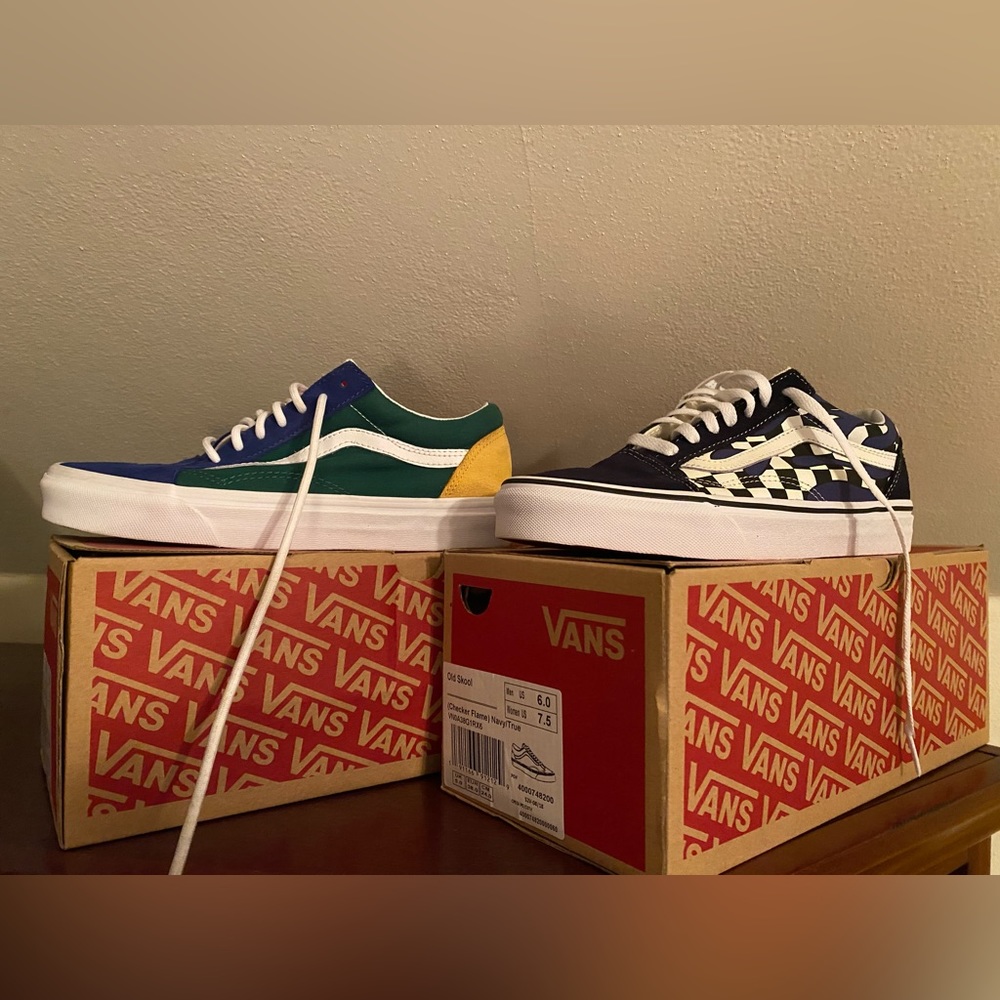 Vans 6.0 men 7.5 women sneakers. Navy Checker Flame and yacht club blue green